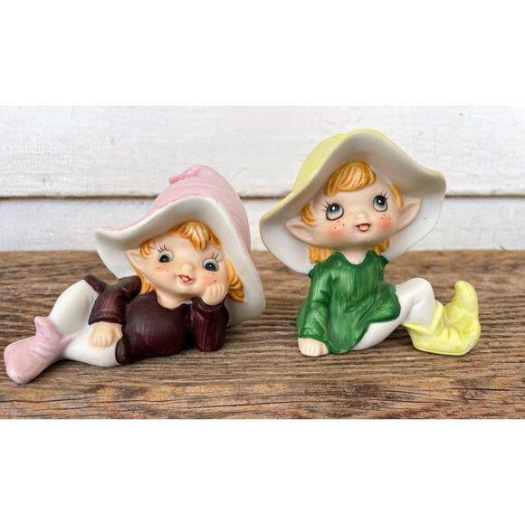 Vintage 1970s Pair Homco Bisque Porcelain Pixie fairy girls - Picture 4 of 14